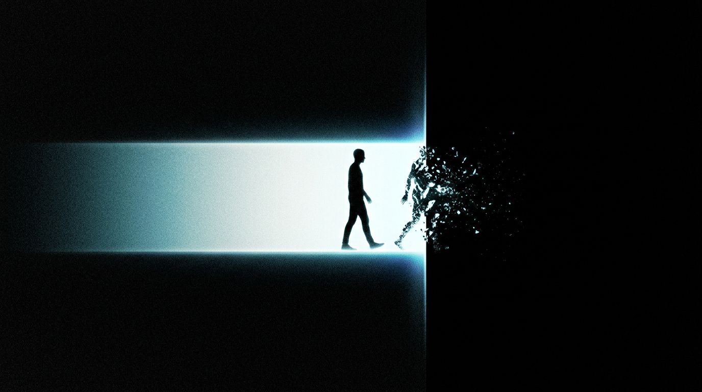 Silhouetted figure walking forward, body dissolving into glowing particles at a hard vertical cutoff line of cyan-white light against black void
