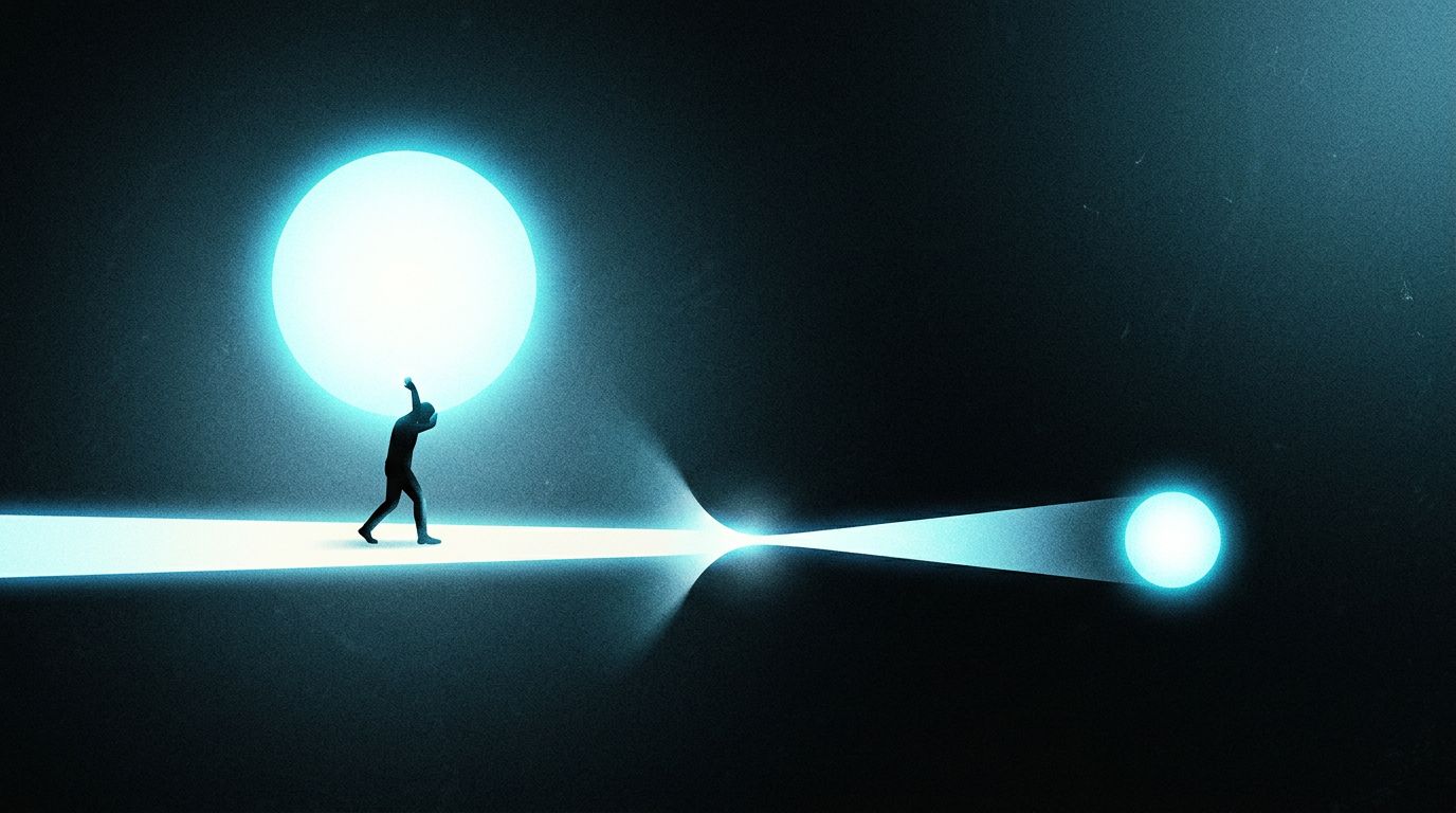 Figure carrying a massive glowing orb walks toward a constriction in the light beam, after which the orb becomes smaller and denser