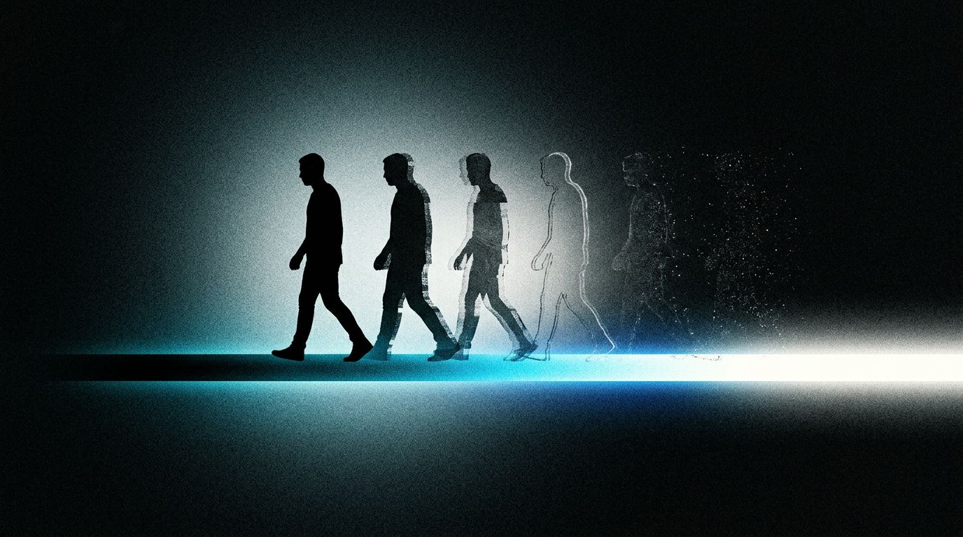 Single figure walking forward with progressively faded duplicate silhouettes trailing behind, dissolving into particles
