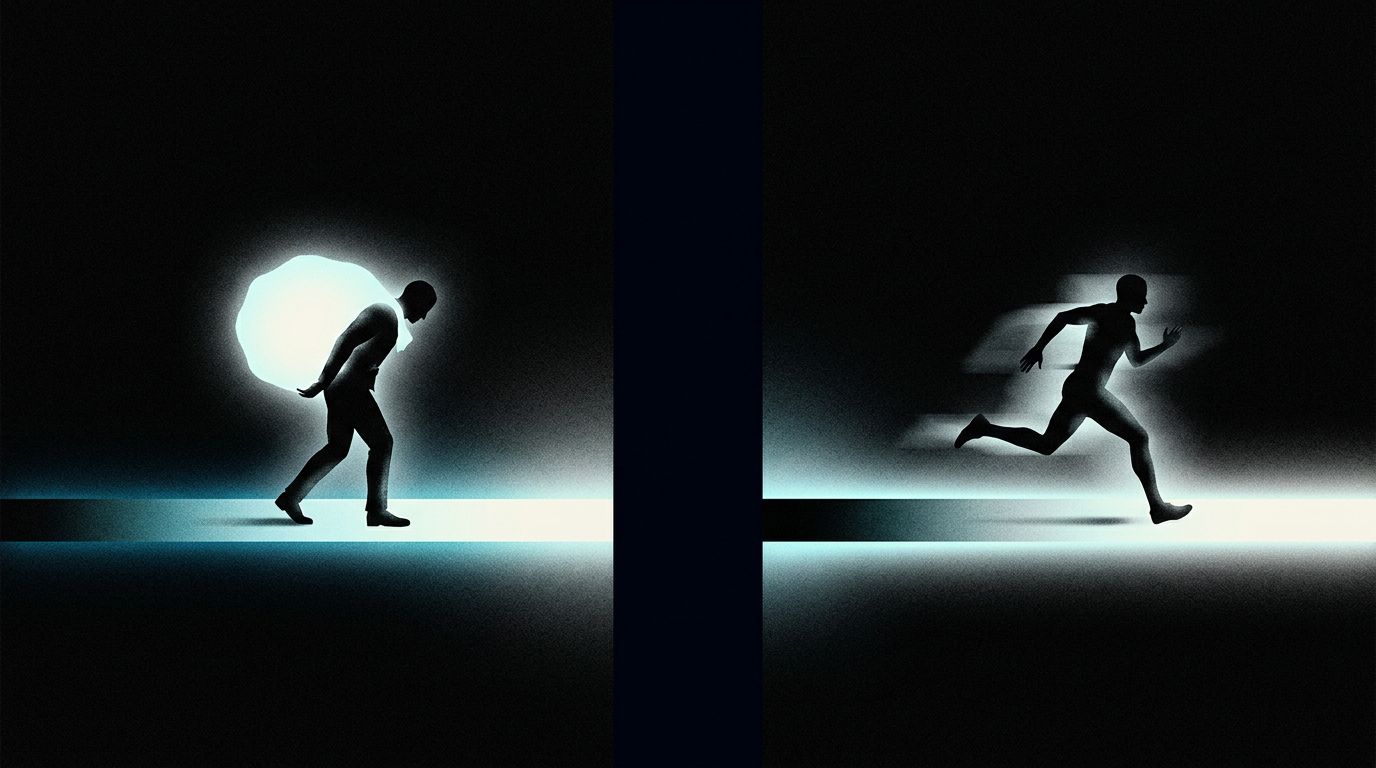 Split diptych showing a burdened figure carrying a heavy glowing weight on the left and an unencumbered figure running with motion blur on the right