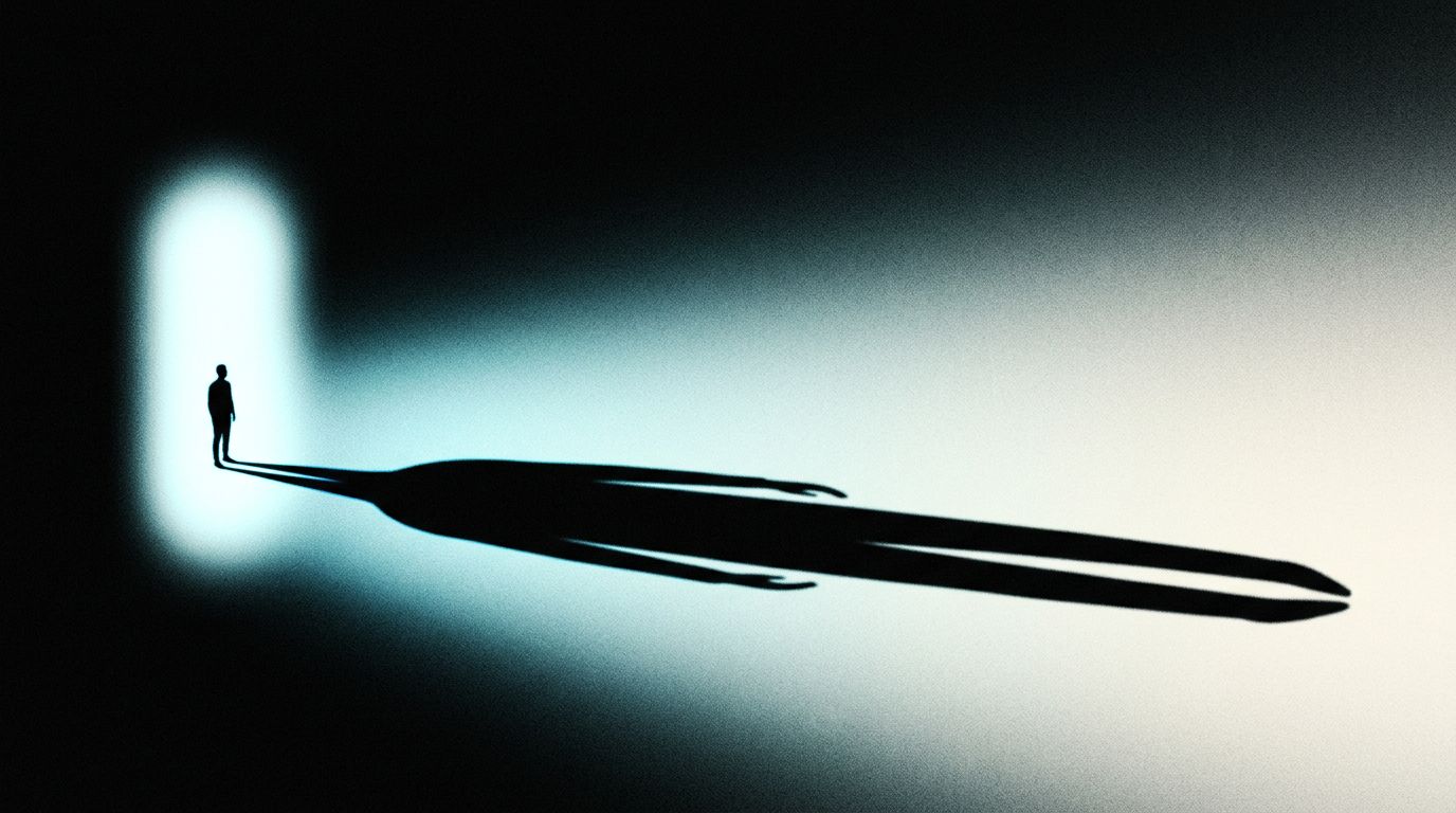 A small lone figure stands in a vertical pool of cyan-white light casting an enormous elongated shadow stretching across the frame