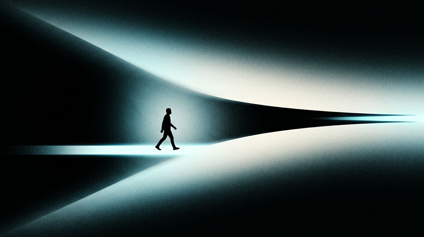Figure mid-stride walking into a narrowing passage where walls of cyan-white light converge to a pinch point ahead