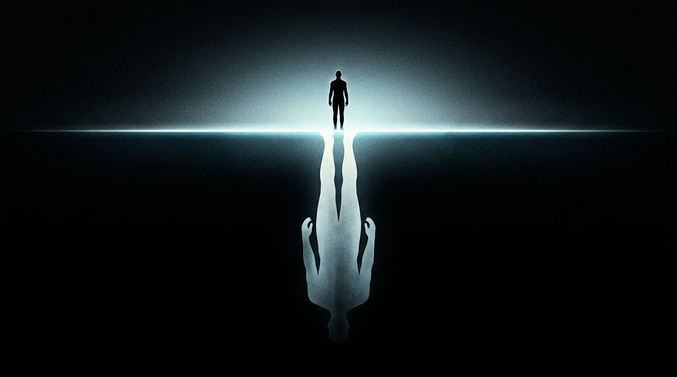 A small figure stands on a horizontal line of cyan light with an enormous inverted reflection of the same figure descending below into darkness, like an iceberg with most of its mass hidden underwater